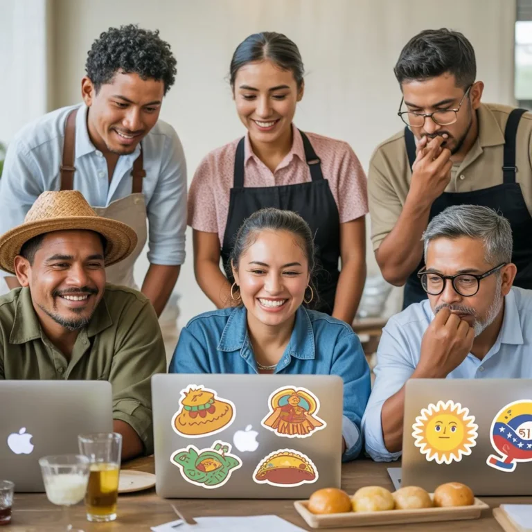 Grupo de personas latinas colaborando y aprendiendo con computadoras portátiles en un entorno amigable.