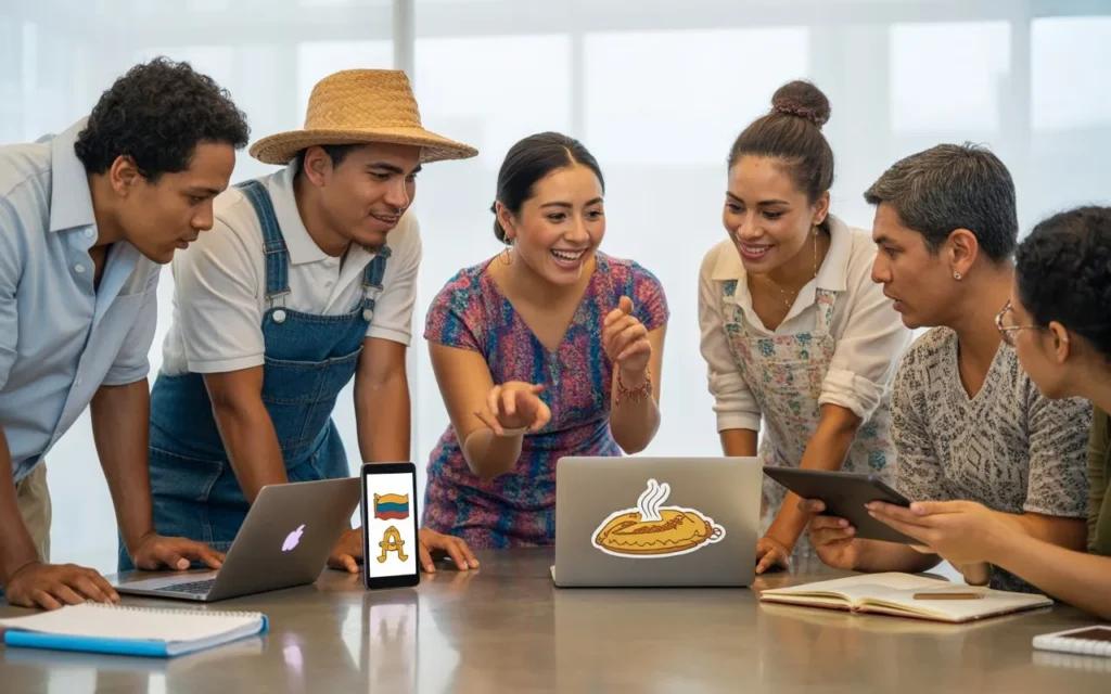 Grupo de latinos aprendiendo tecnología e inteligencia artificial en un ambiente colaborativo.